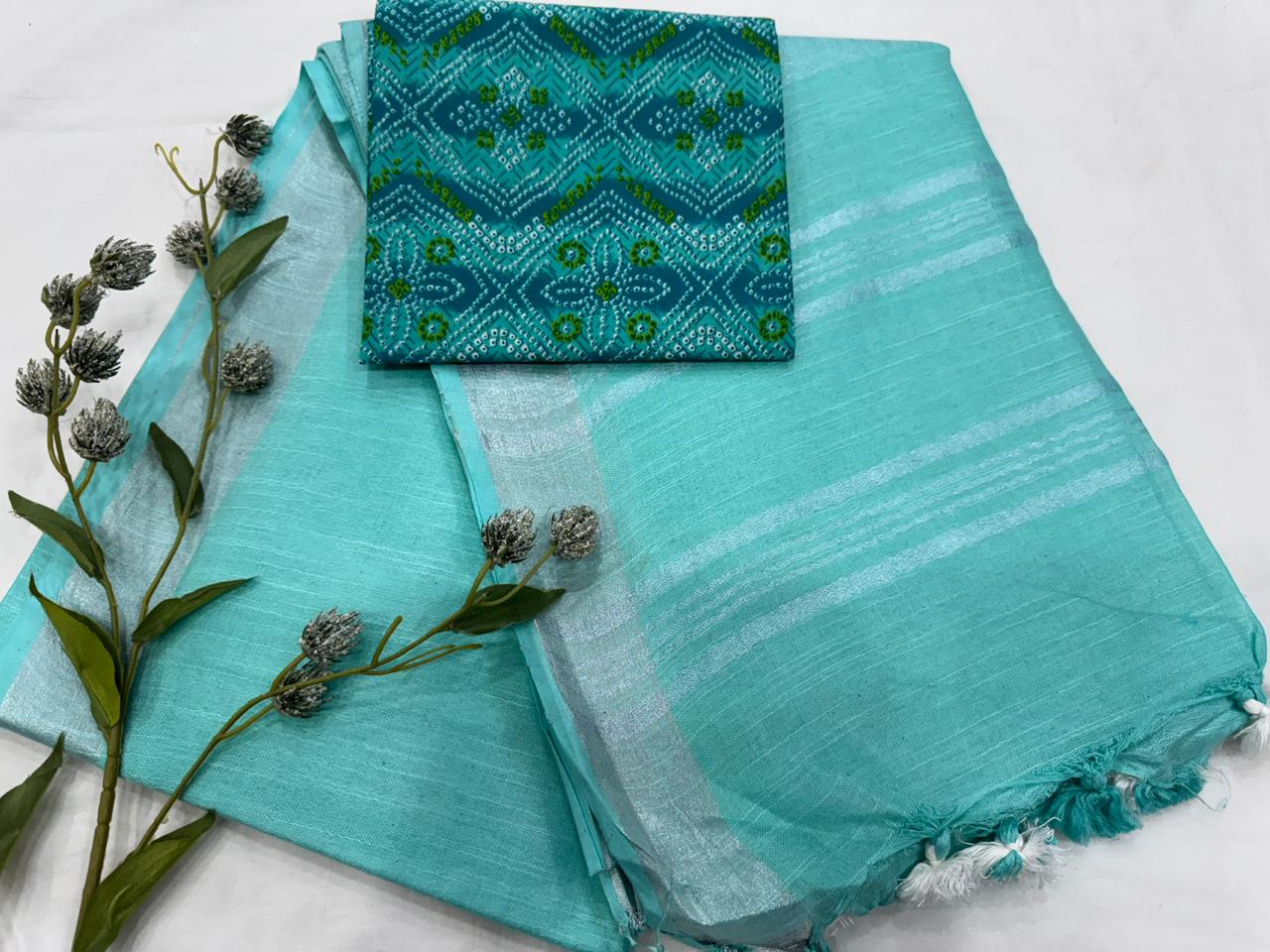 Plain Cotton Linen Saree Wholesale in Light Blue – Lightweight Handcrafted Designer Linen Saree for Boutiques & Retailers | Fabtexs